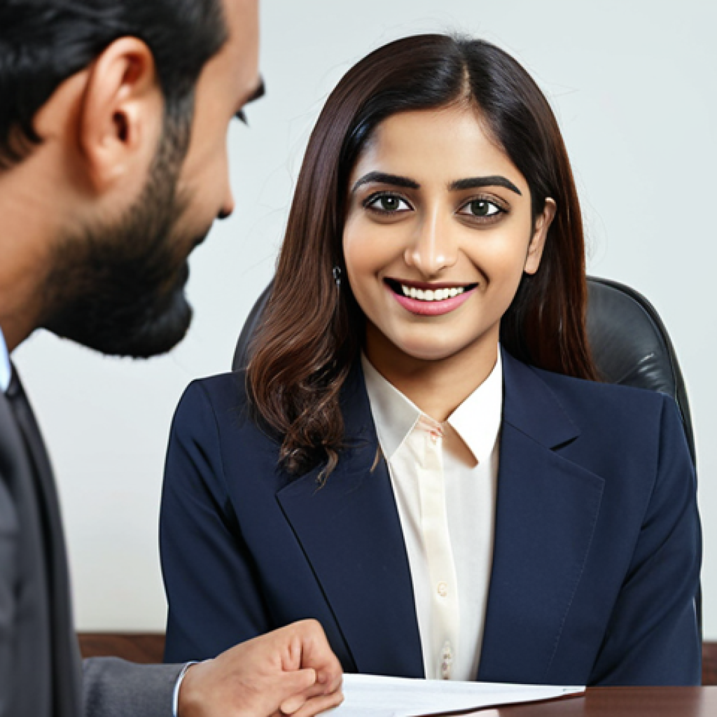 **A confident, well-dressed lawyer sitting across from a panel of interviewers. The lawyer is smiling gently and making eye contact. The background shows a modern office setting. The scene should evoke professionalism and competence. Add Urdu script subtly in the background, perhaps on a legal document.** *(Focus: Showcasing professional legal skills and confident interview presentation)*