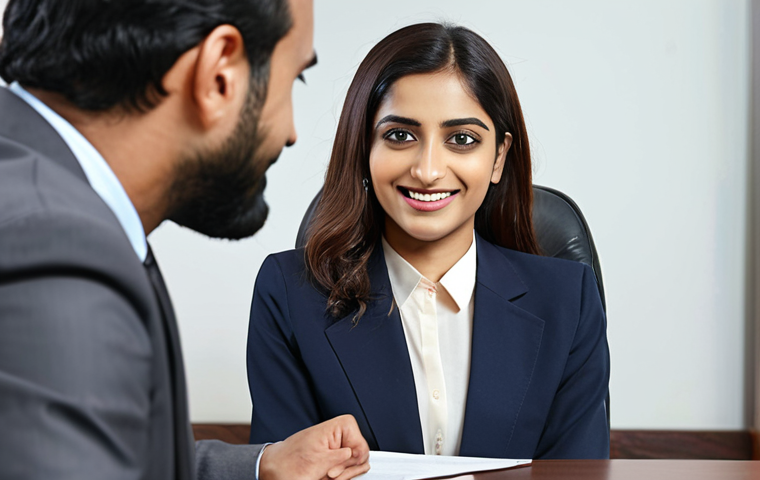 **A confident, well-dressed lawyer sitting across from a panel of interviewers. The lawyer is smiling gently and making eye contact. The background shows a modern office setting. The scene should evoke professionalism and competence. Add Urdu script subtly in the background, perhaps on a legal document.** *(Focus: Showcasing professional legal skills and confident interview presentation)*