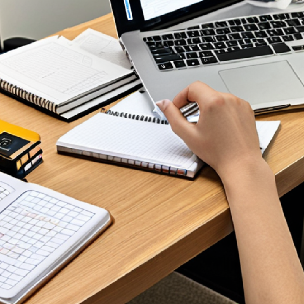 **
A student meticulously organizing study materials (books, notes, online resources) with a well-structured timetable visible in the background. The scene emphasizes time management and resource organization. Focus on a clean, organized desk and a sense of calm, focused study.
**