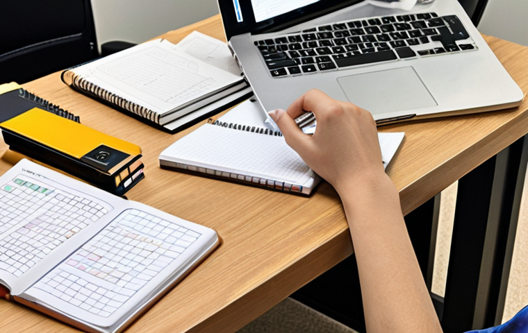 **
A student meticulously organizing study materials (books, notes, online resources) with a well-structured timetable visible in the background. The scene emphasizes time management and resource organization. Focus on a clean, organized desk and a sense of calm, focused study.
**