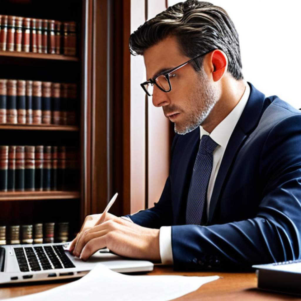 ** A lawyer at a desk, confidently writing a blog post on a laptop. The background should suggest a modern, professional law office. The image should convey expertise and approachability.
**