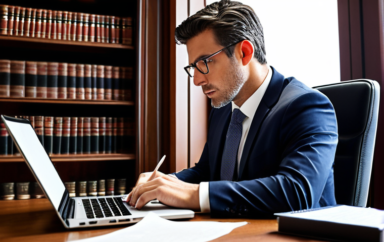** A lawyer at a desk, confidently writing a blog post on a laptop. The background should suggest a modern, professional law office. The image should convey expertise and approachability.
**