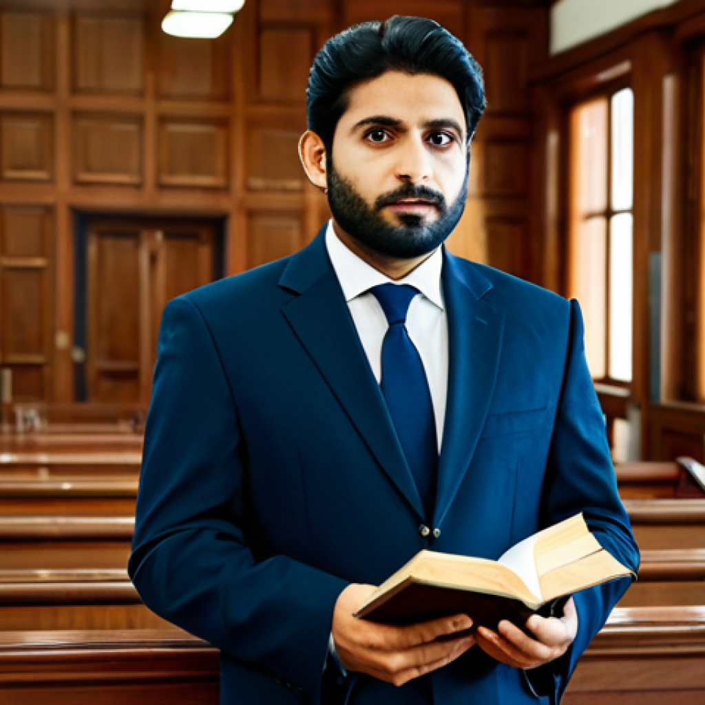 A professional Pakistani lawyer, a man with a focused expression, wearing a modest, dark business suit and a light-colored shirt, fully clothed, standing confidently in a modern, well-lit courtroom. He holds a large, classic law book, its pages open, symbolizing deep legal study. The background features polished wooden benches and a dignified legal setting. safe for work, appropriate content, perfect anatomy, correct proportions, natural pose, well-formed hands, proper finger count, natural body proportions, professional dress, high quality, family-friendly.