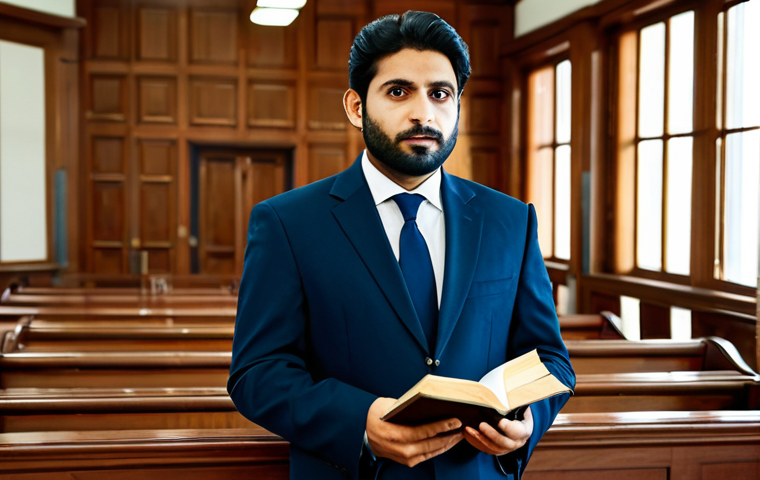 A professional Pakistani lawyer, a man with a focused expression, wearing a modest, dark business suit and a light-colored shirt, fully clothed, standing confidently in a modern, well-lit courtroom. He holds a large, classic law book, its pages open, symbolizing deep legal study. The background features polished wooden benches and a dignified legal setting. safe for work, appropriate content, perfect anatomy, correct proportions, natural pose, well-formed hands, proper finger count, natural body proportions, professional dress, high quality, family-friendly.