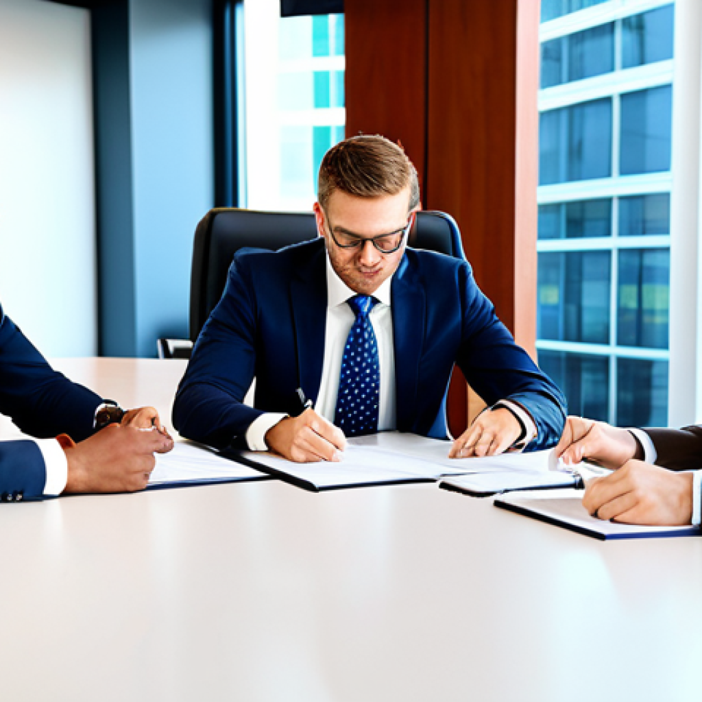 Business Growth Through Contracts**
A diverse team of professionals in a bright, modern office collaborate on reviewing contract documents. They are fully clothed in business attire, engaged in a productive discussion around a large conference table. The scene is safe for work, with appropriate content, focusing on teamwork and legal expertise, natural proportions, and well-formed hands. The atmosphere is professional, emphasizing the importance of contracts for business success, modest office decor. High-quality rendering.
**