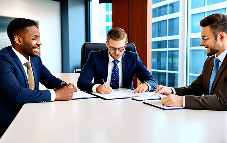 Business Growth Through Contracts**
A diverse team of professionals in a bright, modern office collaborate on reviewing contract documents. They are fully clothed in business attire, engaged in a productive discussion around a large conference table. The scene is safe for work, with appropriate content, focusing on teamwork and legal expertise, natural proportions, and well-formed hands. The atmosphere is professional, emphasizing the importance of contracts for business success, modest office decor. High-quality rendering.
**