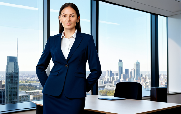 **
A professional female lawyer in a modest, dark blue business suit, standing confidently in a modern law office with large windows overlooking a city skyline, fully clothed, appropriate attire, safe for work, perfect anatomy, correct proportions, natural pose, professional photograph, high quality, family-friendly.
**