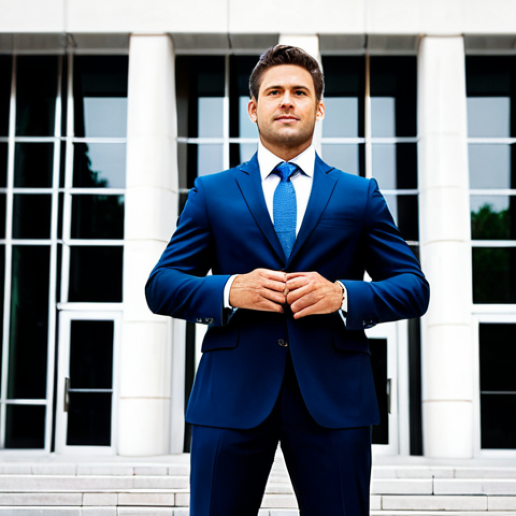 변호사 시험 후 최종 준비 과정 - **A newly licensed lawyer, fully clothed in a professional business suit, standing confidently in fr...