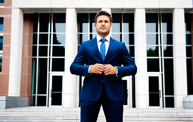 변호사 시험 후 최종 준비 과정 - **A newly licensed lawyer, fully clothed in a professional business suit, standing confidently in fr...