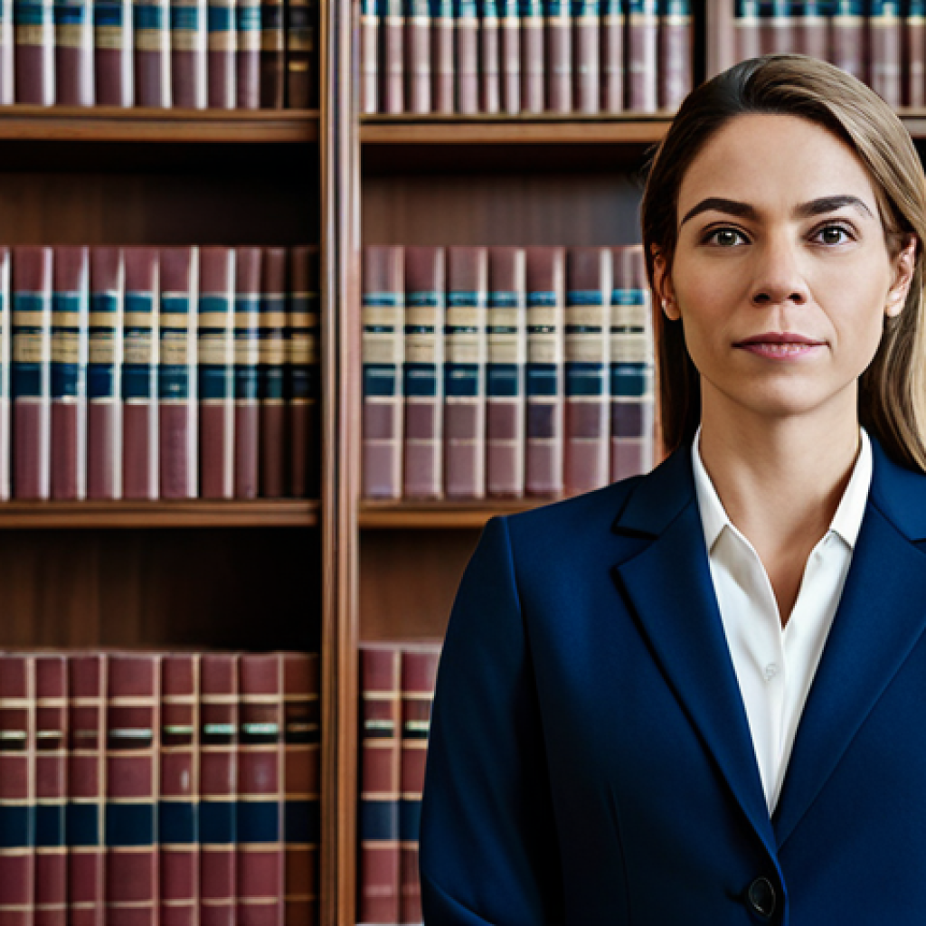 변호사 시험에서 범하는 흔한 실수 - **Image Prompt:** A professional female lawyer in a modest, dark blue business suit, standing confid...