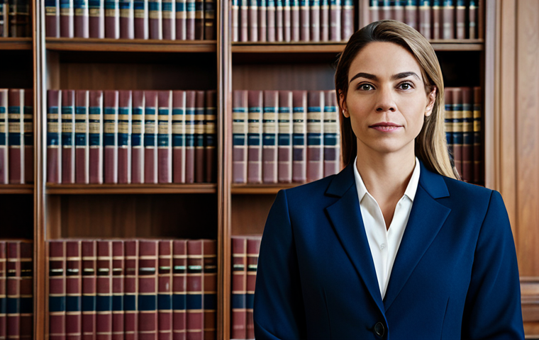 변호사 시험에서 범하는 흔한 실수 - **Image Prompt:** A professional female lawyer in a modest, dark blue business suit, standing confid...