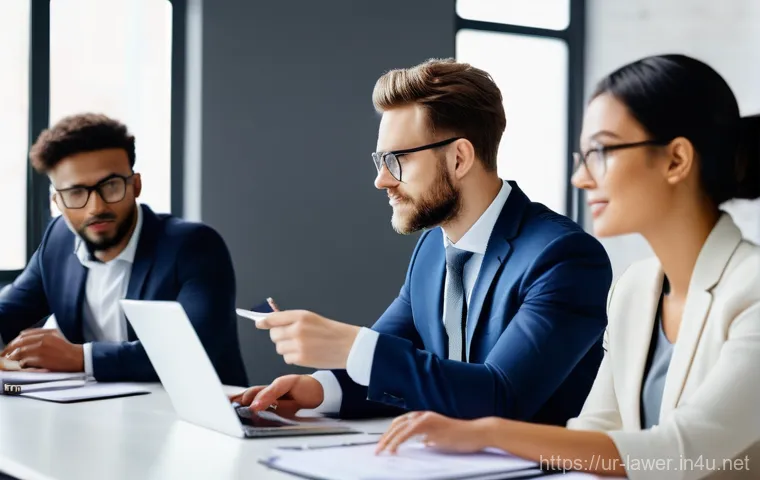 변호사 경력을 활용한 컨설팅 사례 - **A Modern Lawyer Advising a Dynamic Startup Team**
A bright, well-lit image featuring a diverse...