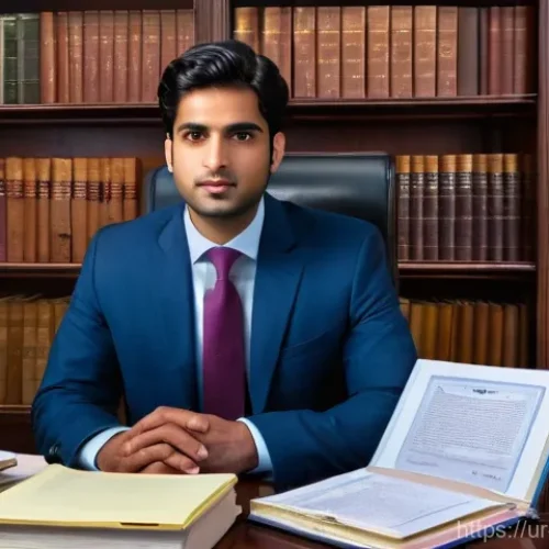 Home 23 변호사 자격증 활용 후 변호사로서 성장 방법 - A determined young Pakistani male lawyer, in his early 30s, is shown in a modest but organized legal...