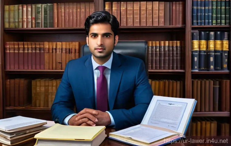 변호사 자격증 활용 후 변호사로서 성장 방법 - A determined young Pakistani male lawyer, in his early 30s, is shown in a modest but organized legal...