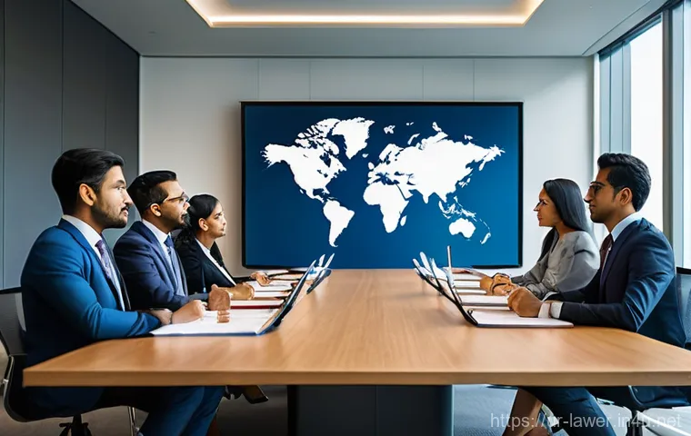 변호사 경력으로 글로벌 커리어 도전 사례 - **Prompt:** A diverse group of professional lawyers and legal consultants from various ethnicities, ...